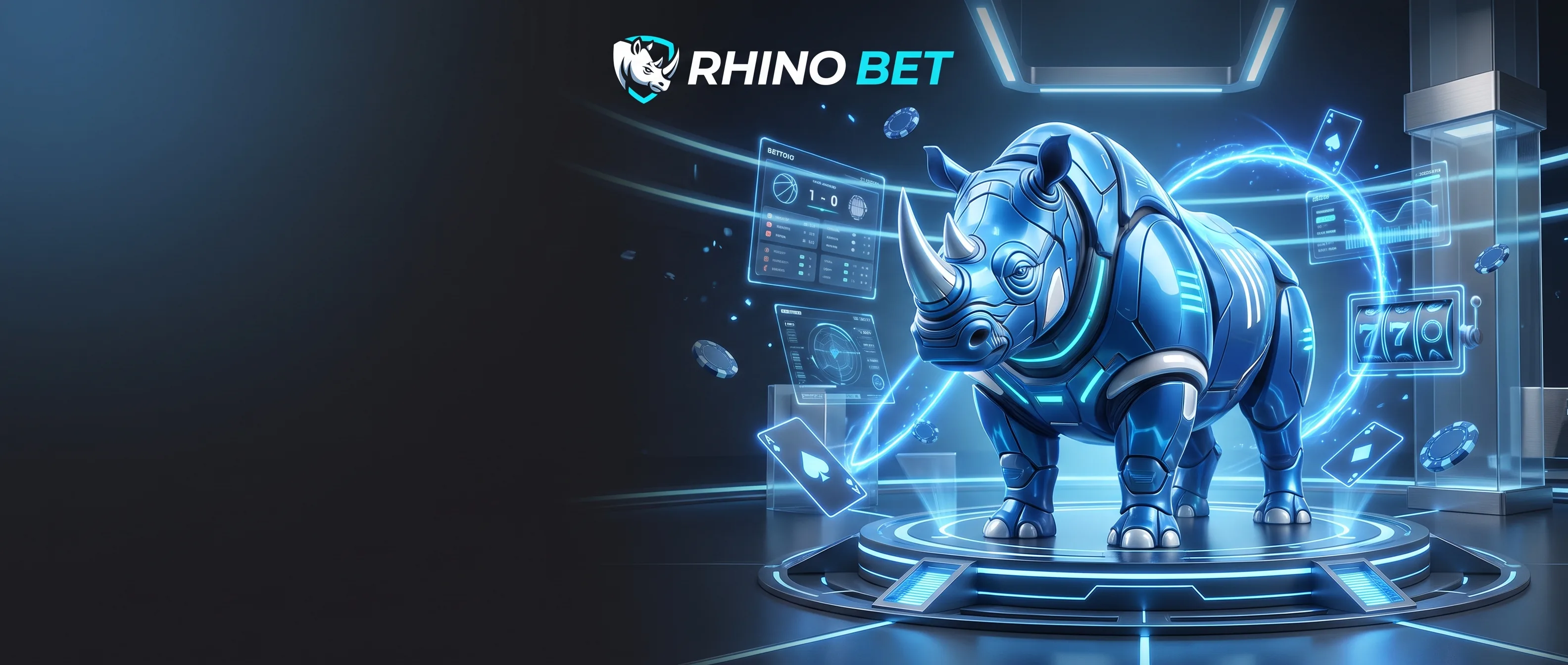 Futuristic Rhino Bet guardian in a neon casino command centre